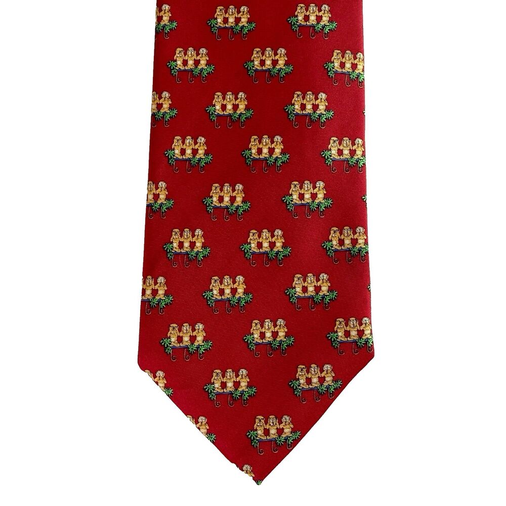 ROBERT TALBOT Best in Class Men's Silk Tie Red w/Monkeys "No Evil" 58" x 3.5"
